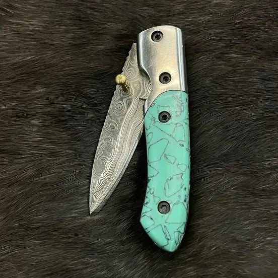 Azureglide Damascus Steel Turquoise (Resin) Pocket Knife