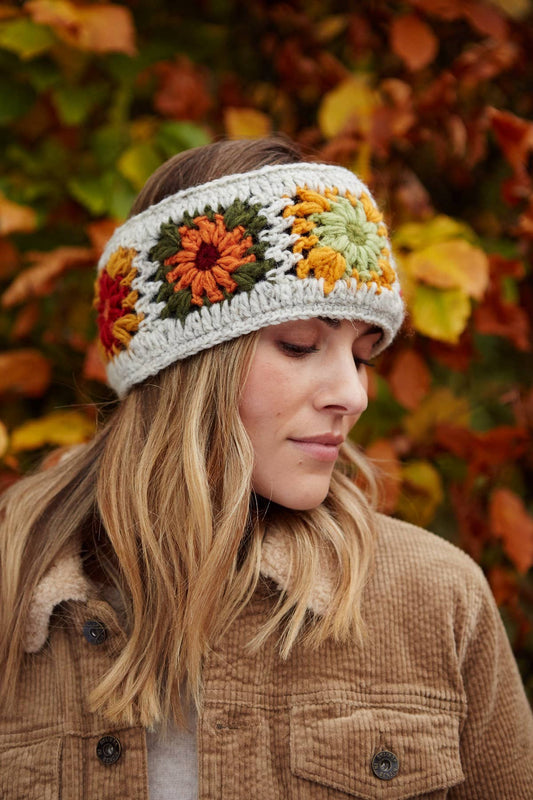 Woodstock Granny Square Crochet Ear Warmers Floral Oatmeal