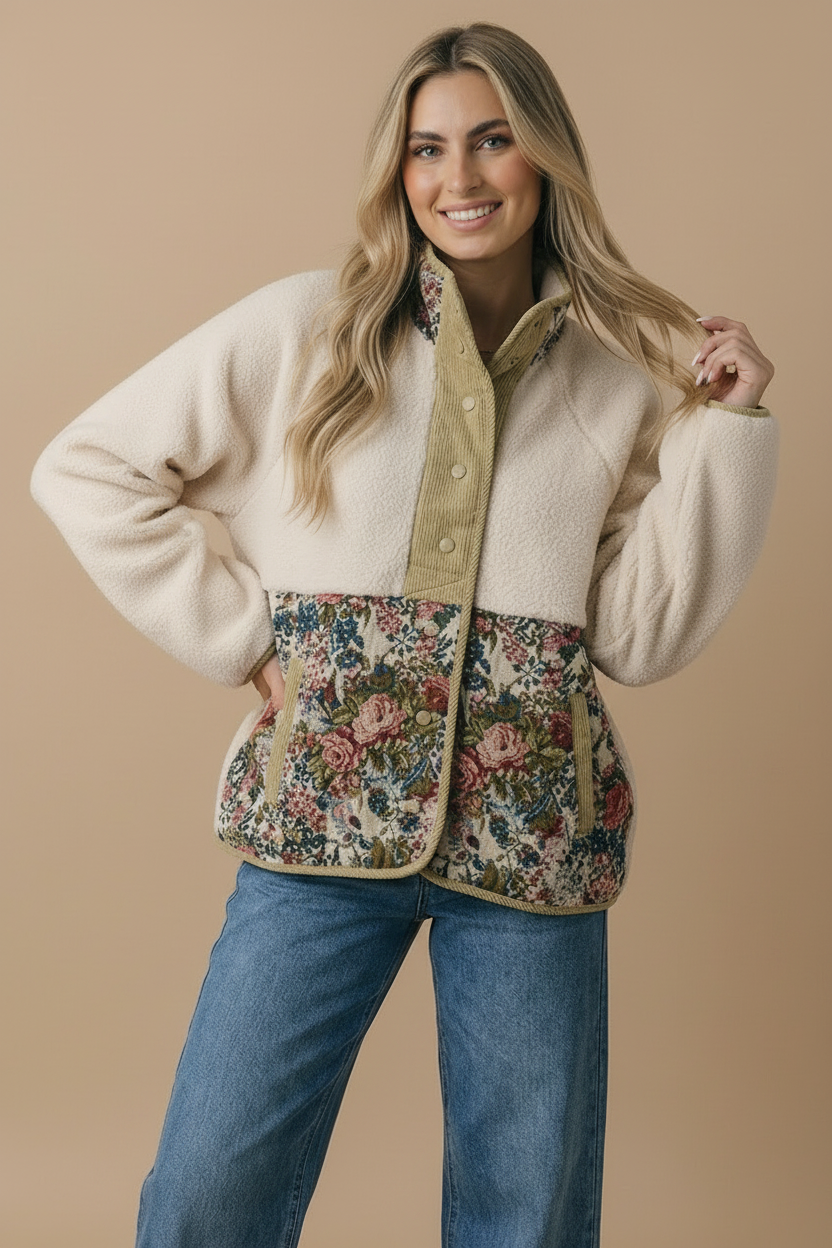 High Neck Snap Button Sherpa Floral Jacket