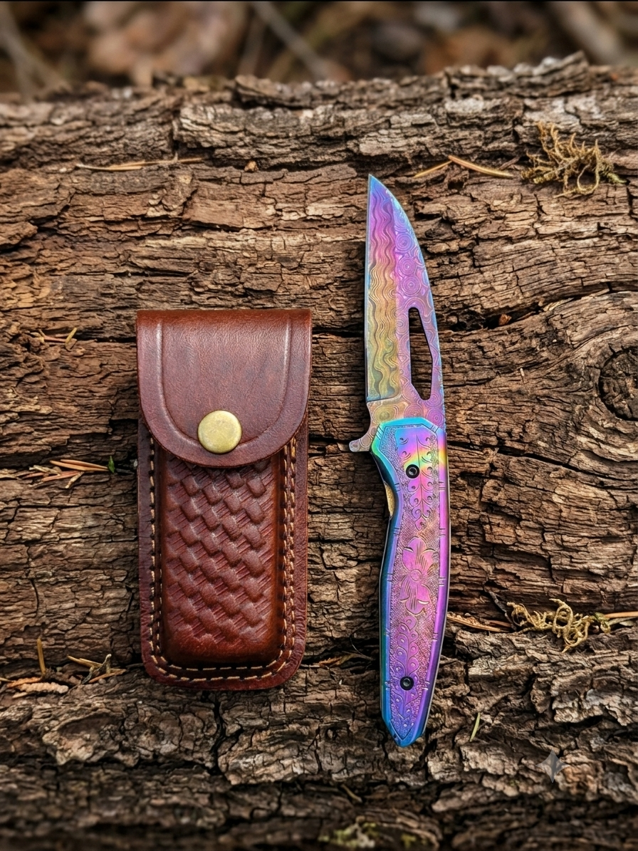 Titan Aurora Damascus Folding Knife with Engraved Rainbow Handle & Leather Sheath