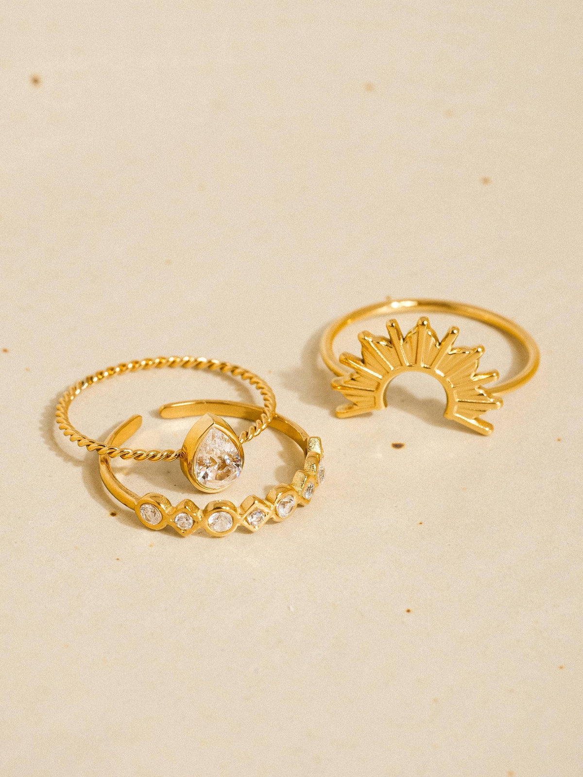 Françoise 18K Gold Non-Tarnish Sun Stone CZ Layered Ring: Yellow Gold
