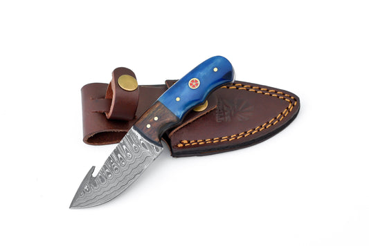 Damascus Skinning gut hook, Hunting Knife by Titan TD-176XS Blue