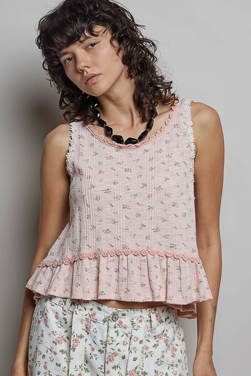 Round Neck Ruffle Hem Trim Detail Floral M