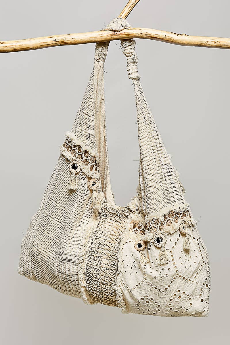 Mirror Dangle Tassel Lace Patched Hobo Bag: NATURAL MULTI / OS