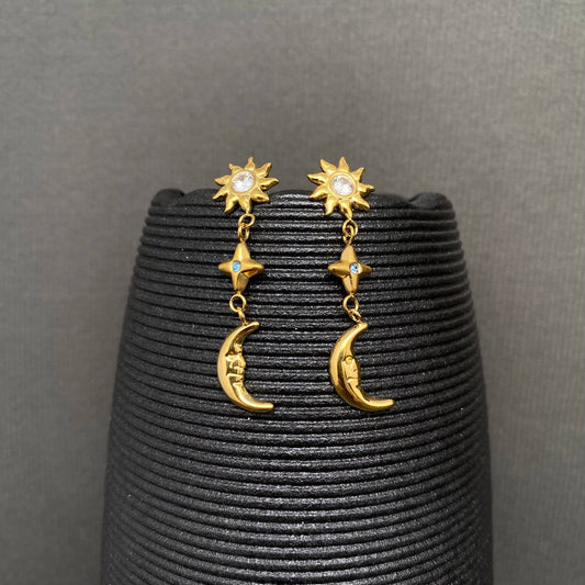 Sun Moon Star 18K Gold Plated S.Steel Post Earrings - FGS/MS