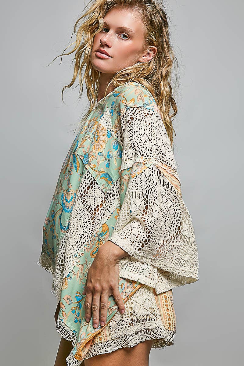 Boho Floral Crochet Patch stitch detail Hoodie Top
