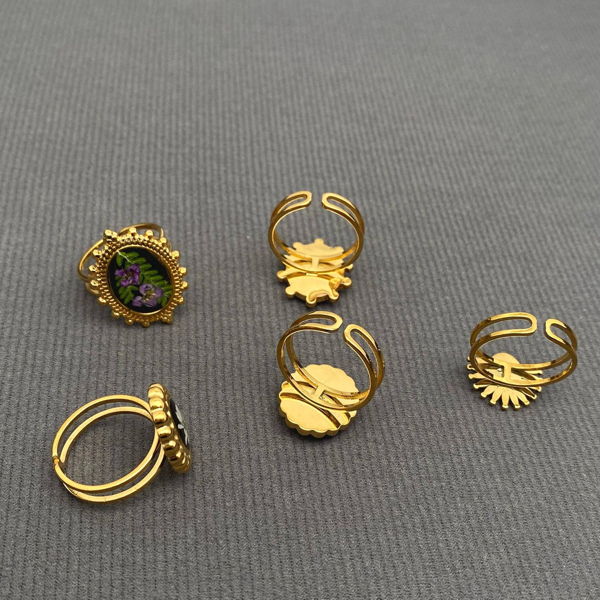 Dried flowers 18K Golden SS Adjustable Floral Rings- PDF/FGS: A