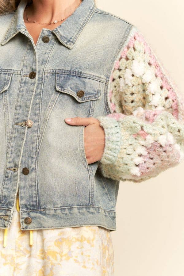 FUZZY FLOWER CROCHET PATCHWORK FRONT JACKET