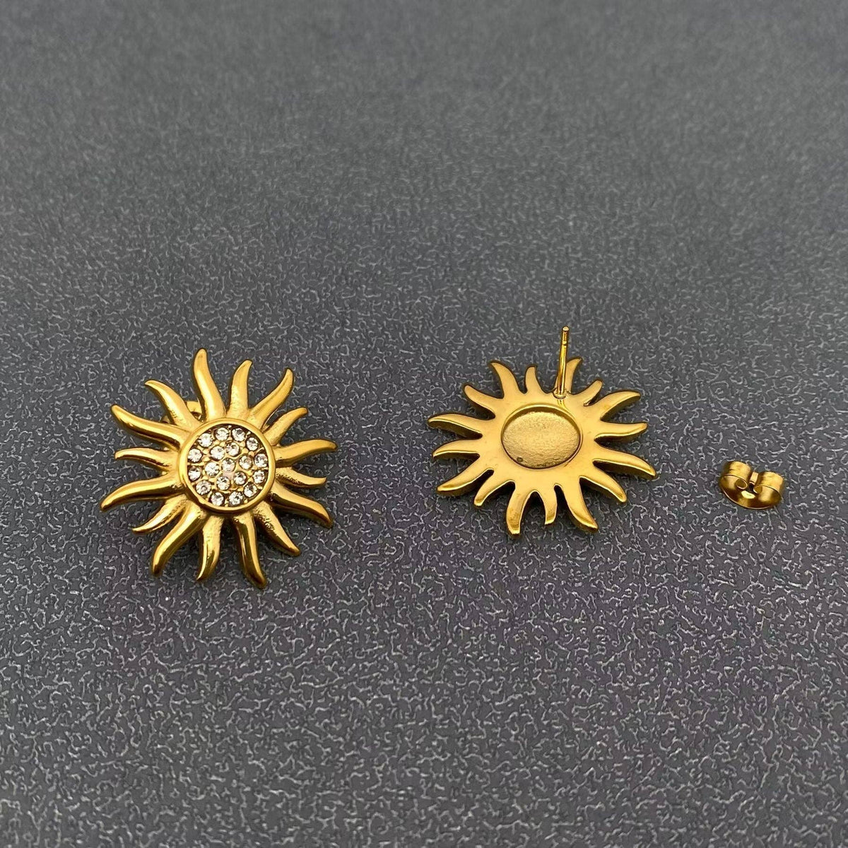 Inlaid CZ 18K Gold Plated S.Steel Sun Stud Earrings - FGS/MS