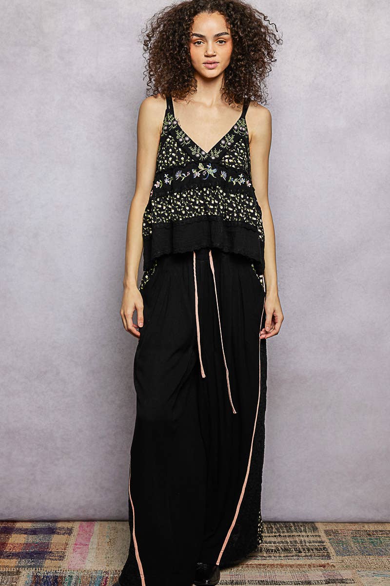 A-body Flared Fit Double Gauze Floral Embroidery Sleeveless