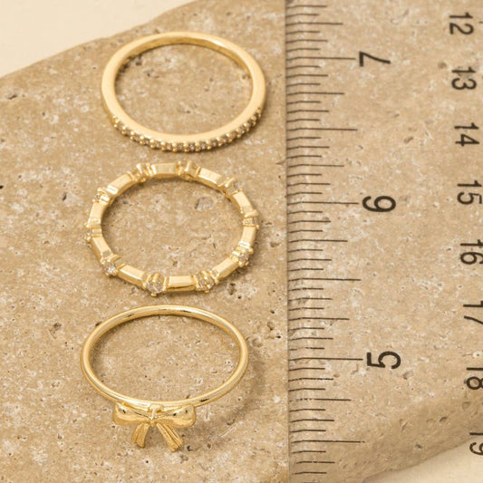 3 Piece Cz Studded Ribbon Bow Band Rings Set: CRG