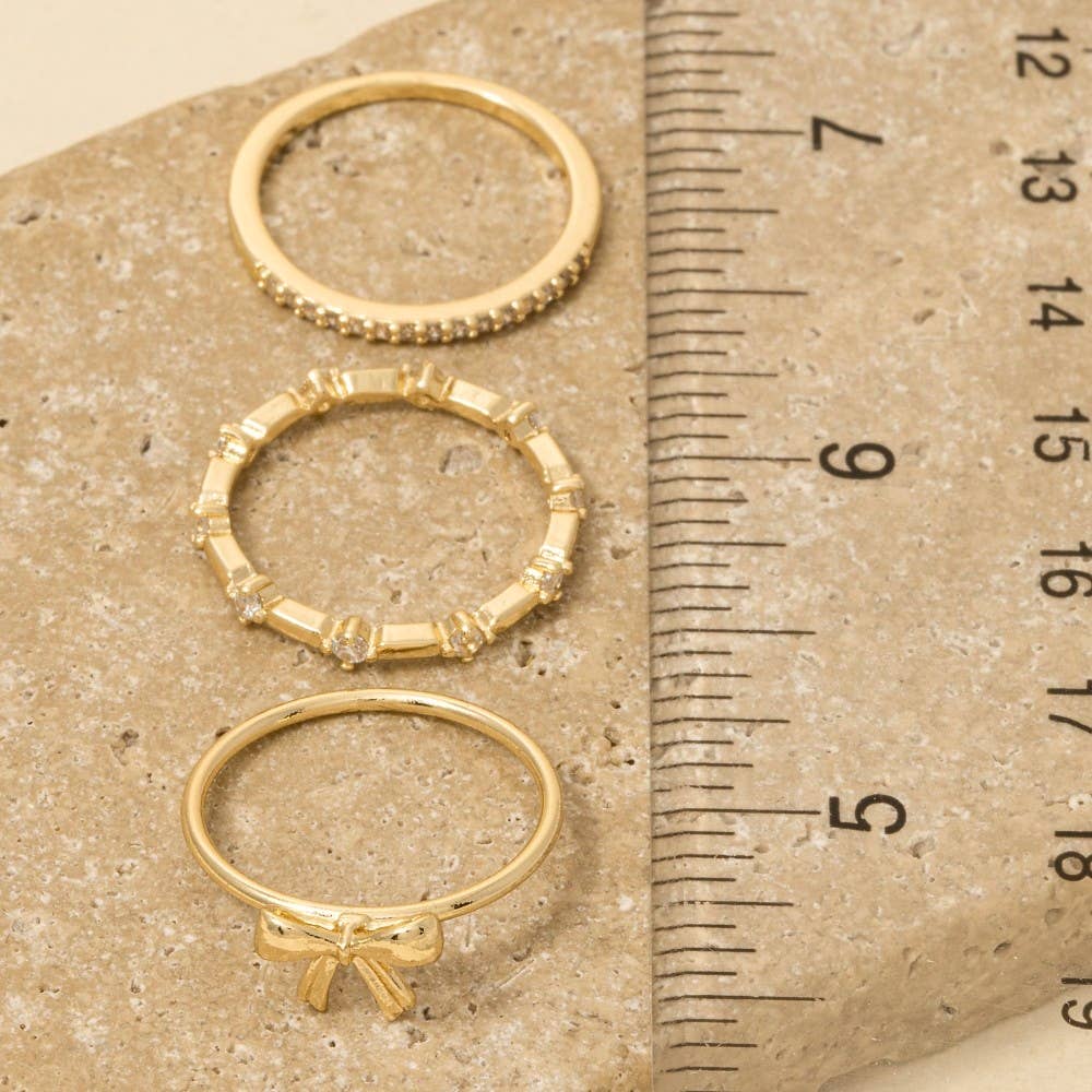 3 Piece Cz Studded Ribbon Bow Band Rings Set: CRR