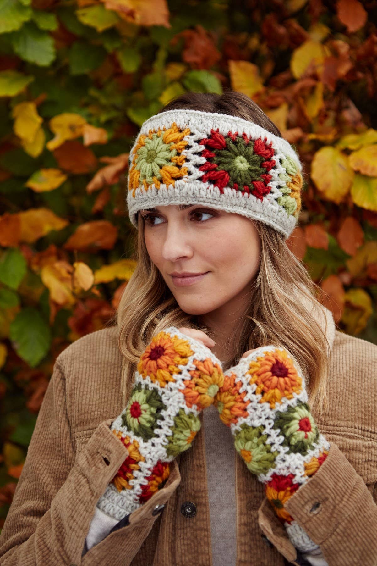 Woodstock Granny Square Crochet Ear Warmers Floral Oatmeal