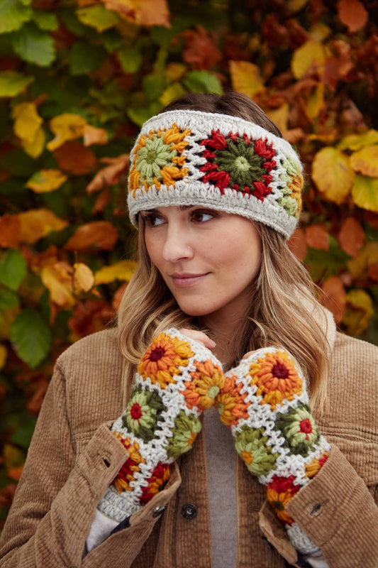 Woodstock Granny Square Crochet Ear Warmers Floral Oatmeal