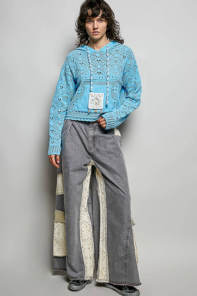 Chenille Crochet Lightweight Pullover Hoodie Sweater: NATURAL / L