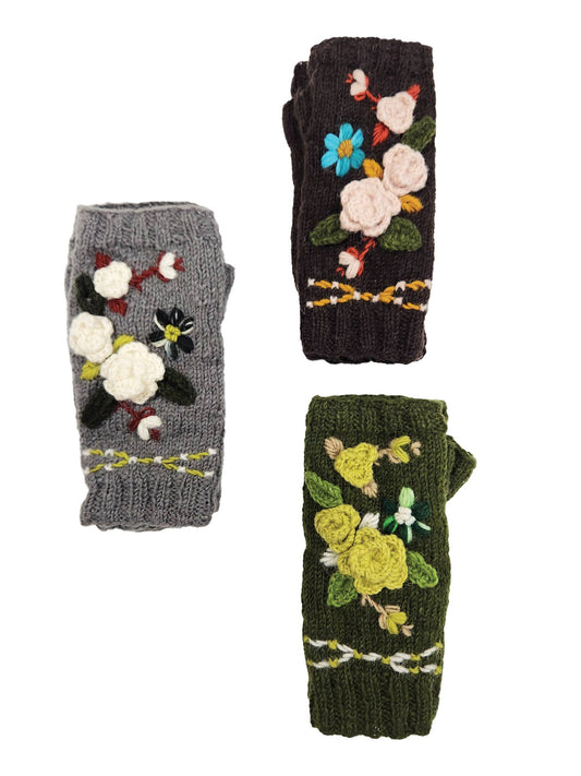 Handmade Knit Fingerless Floral Gloves: Assorted Colors / Outer: 100% Wool Lining: 100% Polyester Fleece / O/S