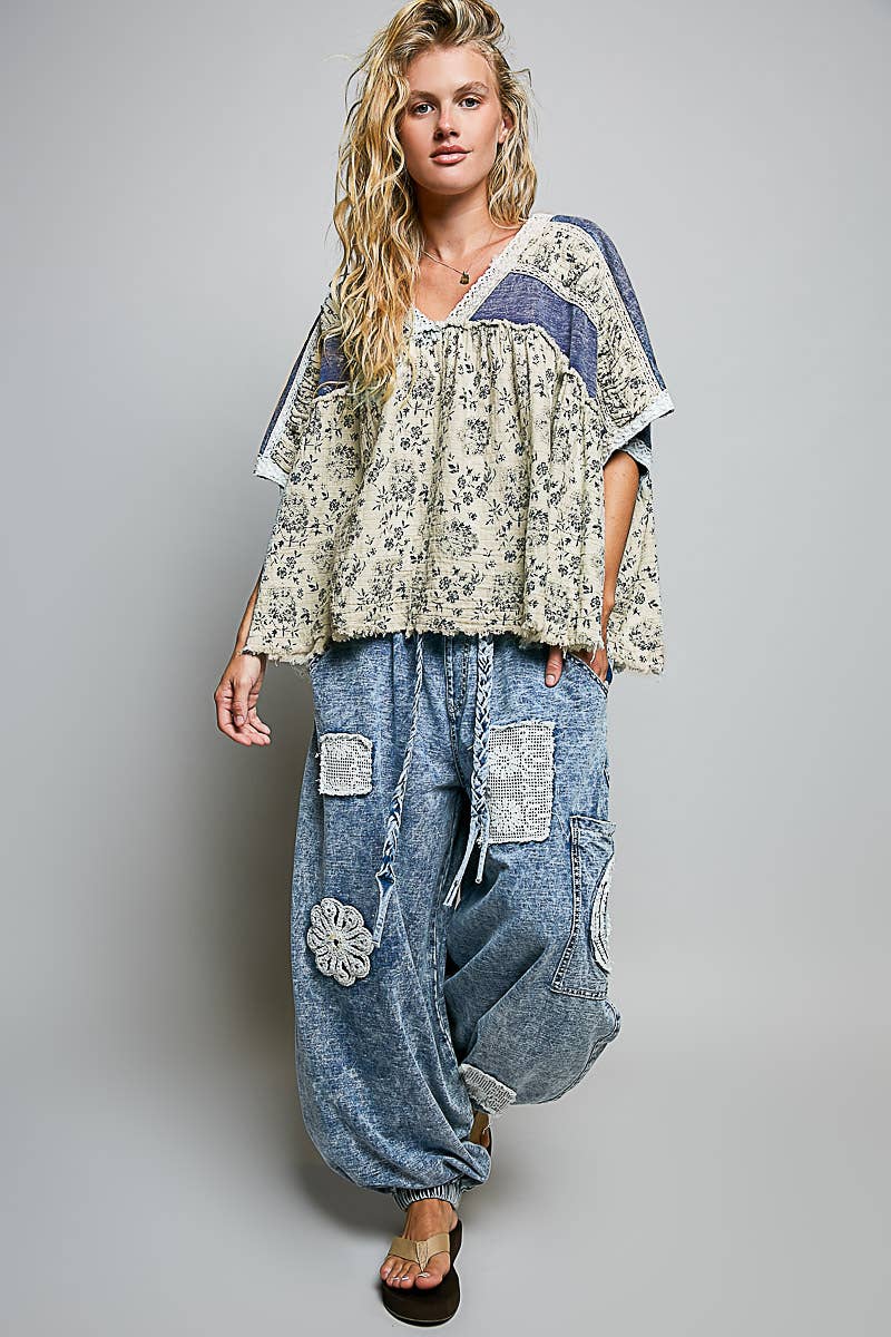 French Terry Floral Gauze Ruffle Detail Denim Short Top