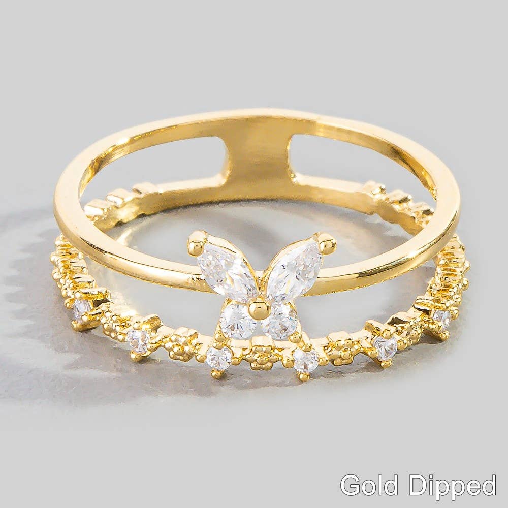 Two Row Gold Dipped Cz Butterfly Ring: G