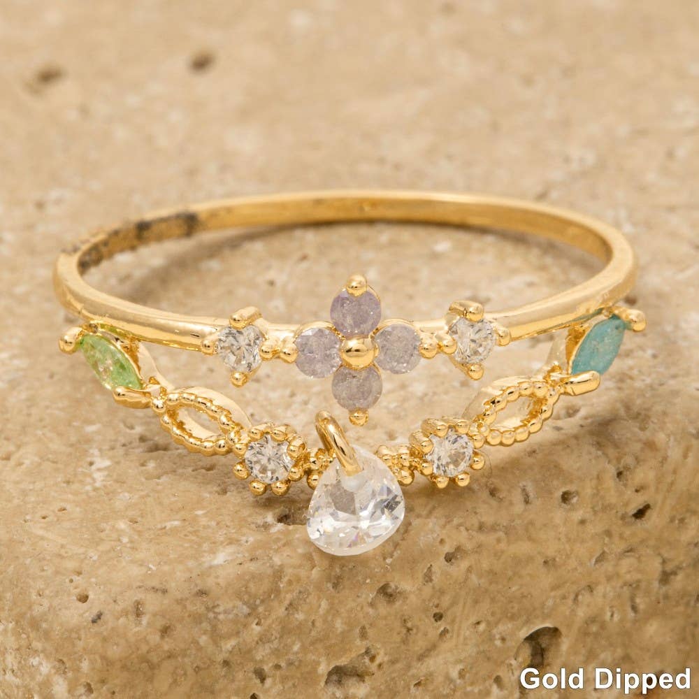 Gold Dipped Floral Cz Dangle Jewel Studded Ring: G
