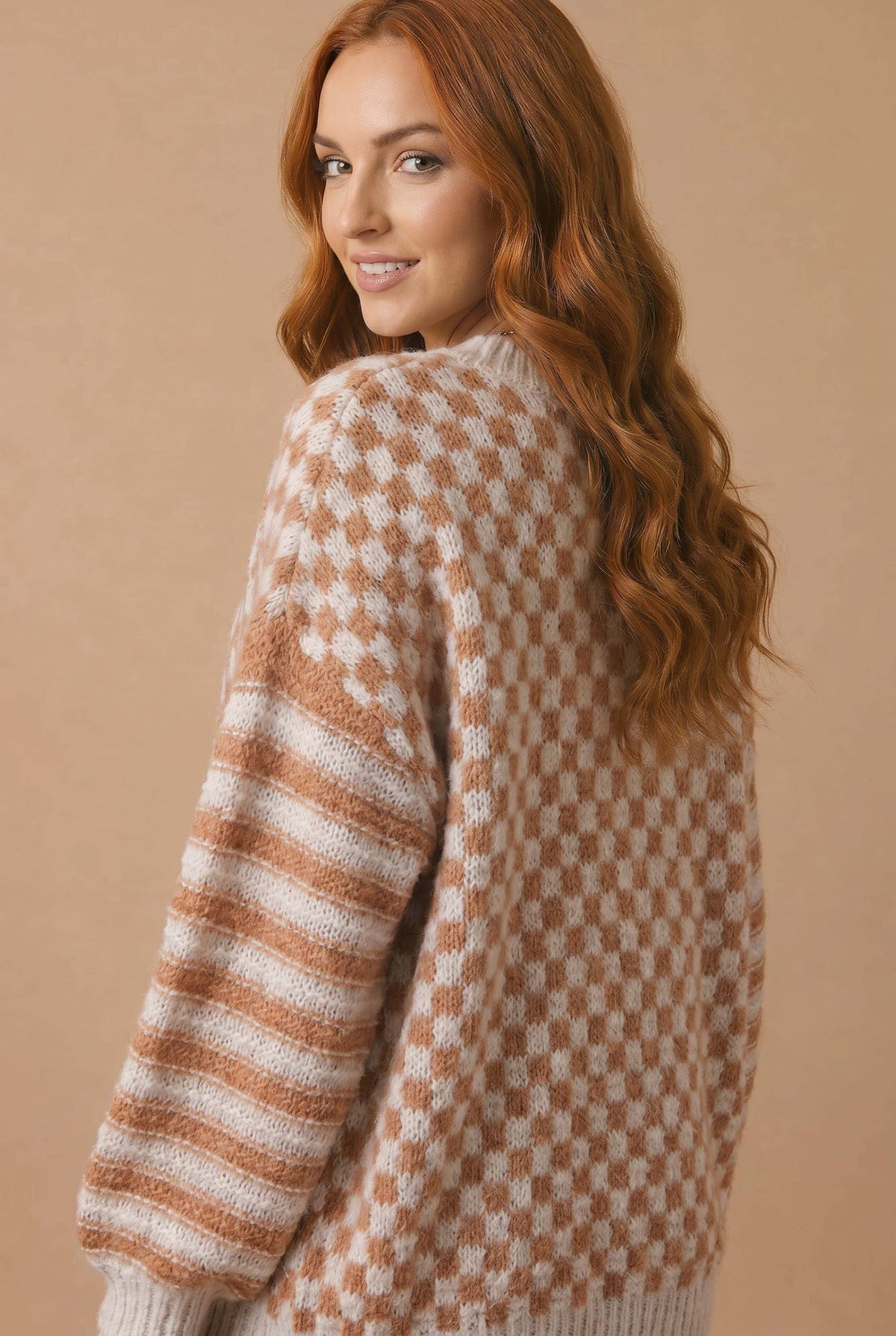 Checker Stripe Color Block Jacquard Sweater: TAUPE/OATMEAL / L