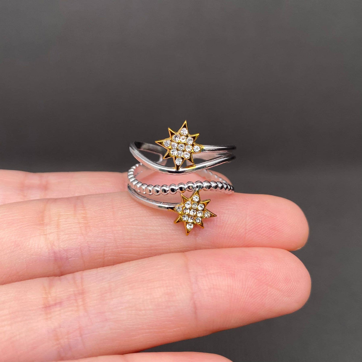 CZ inlaid Star Two-tone 18K Gold Plated S.Steel Ring - FGS/MS