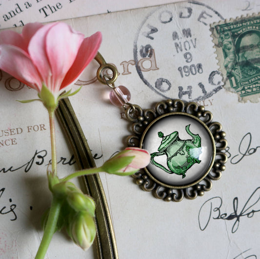 Pastel Teapot Steampunk Victorian Bronze and Glass Bookmark