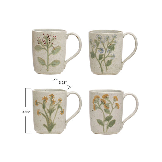 12 oz. Hand-Painted Stoneware Mug w/ Botanicals, 4 Styles