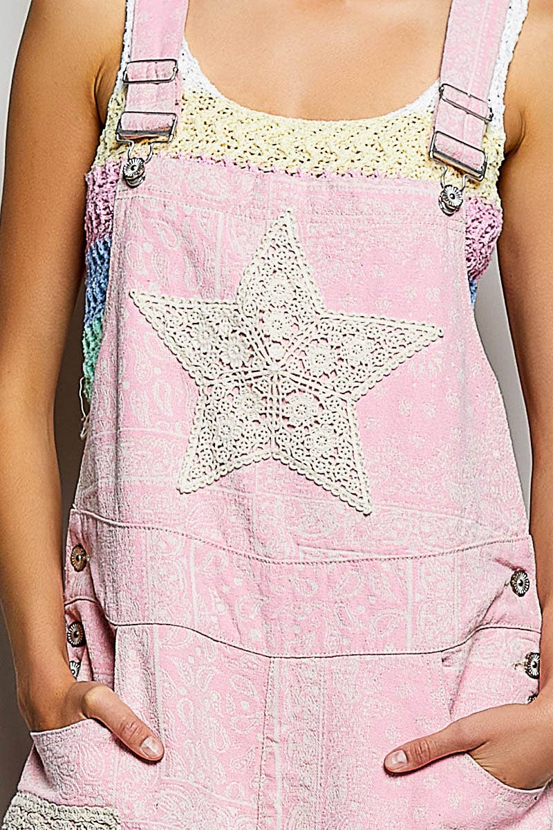 Floral Crochet Pearl Patch Roomy Fit Twill Overalls: FLORAL MULTI / M
