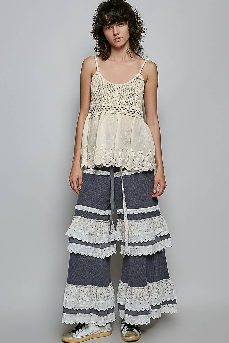 Round Neck Sleeveless Eyelet Ruffle Embroidered Crochet Top: NATURAL / Os