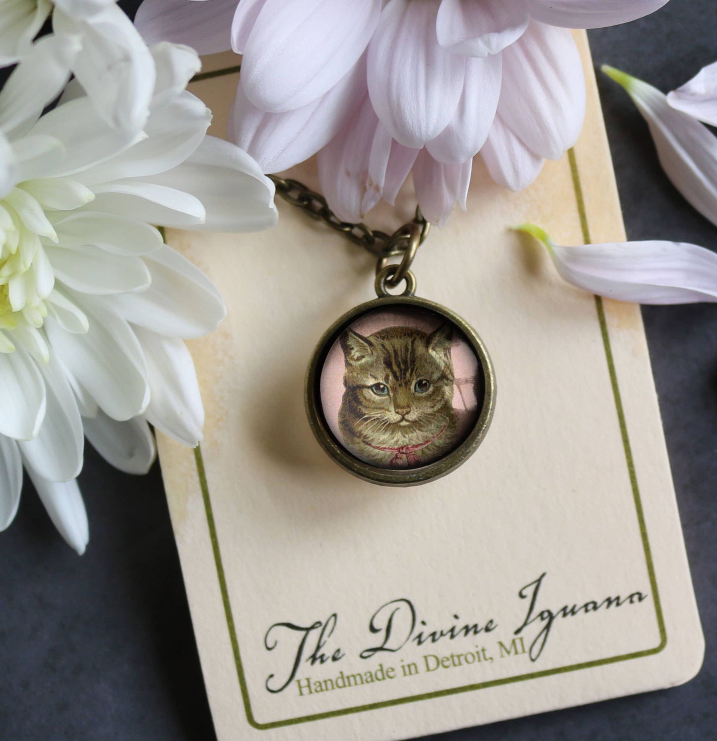 Victorian Tabby Cat Simple Reversible Pendant Necklace