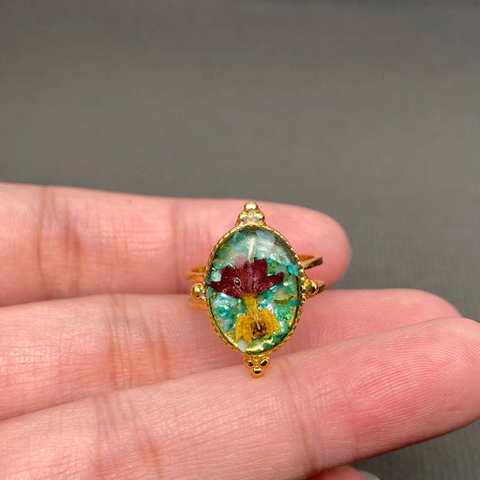 Dried flowers 18K Golden SS Adjustable Floral Rings- PDF/FGS: A