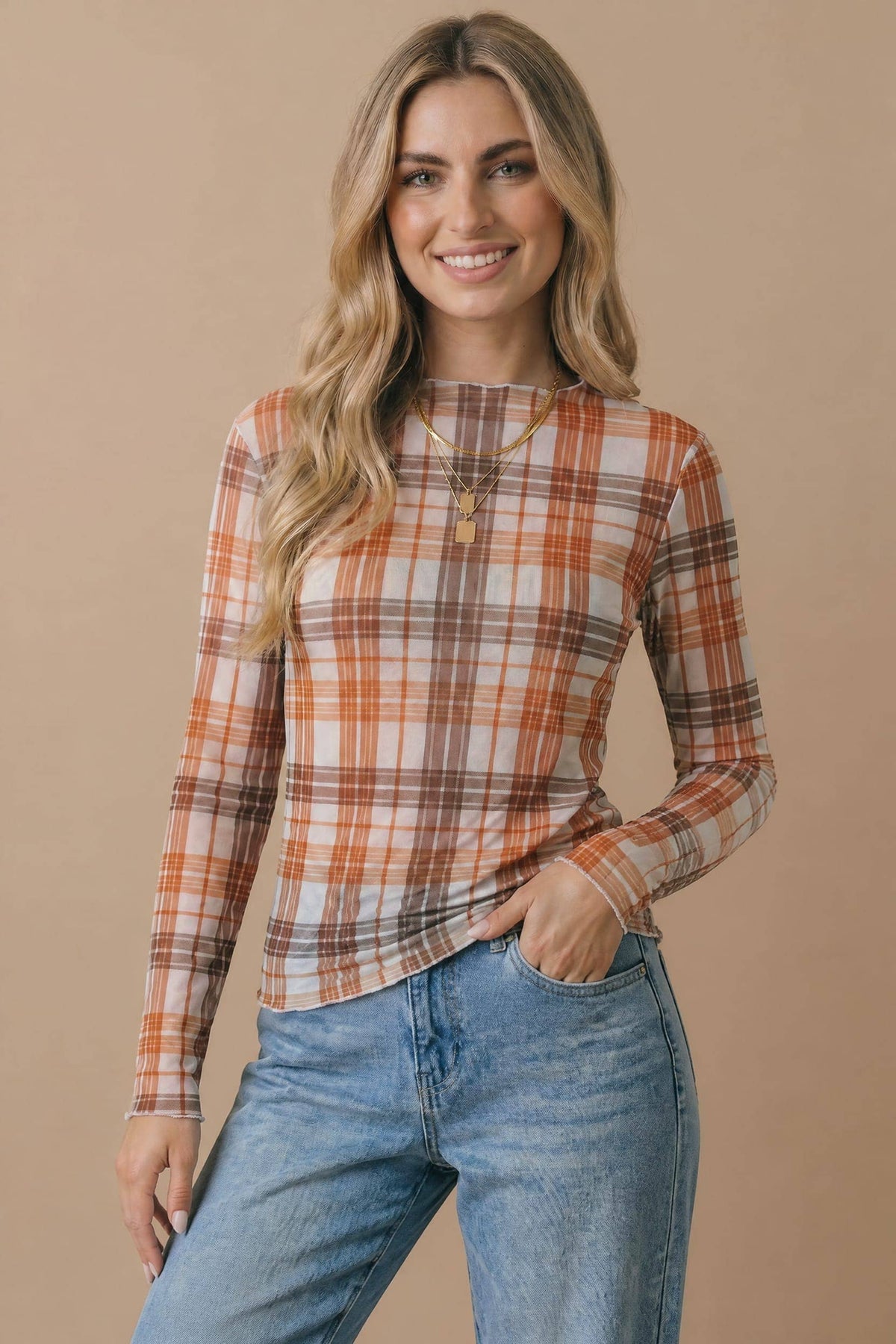 Plaid Mesh Semi-Sheer Top