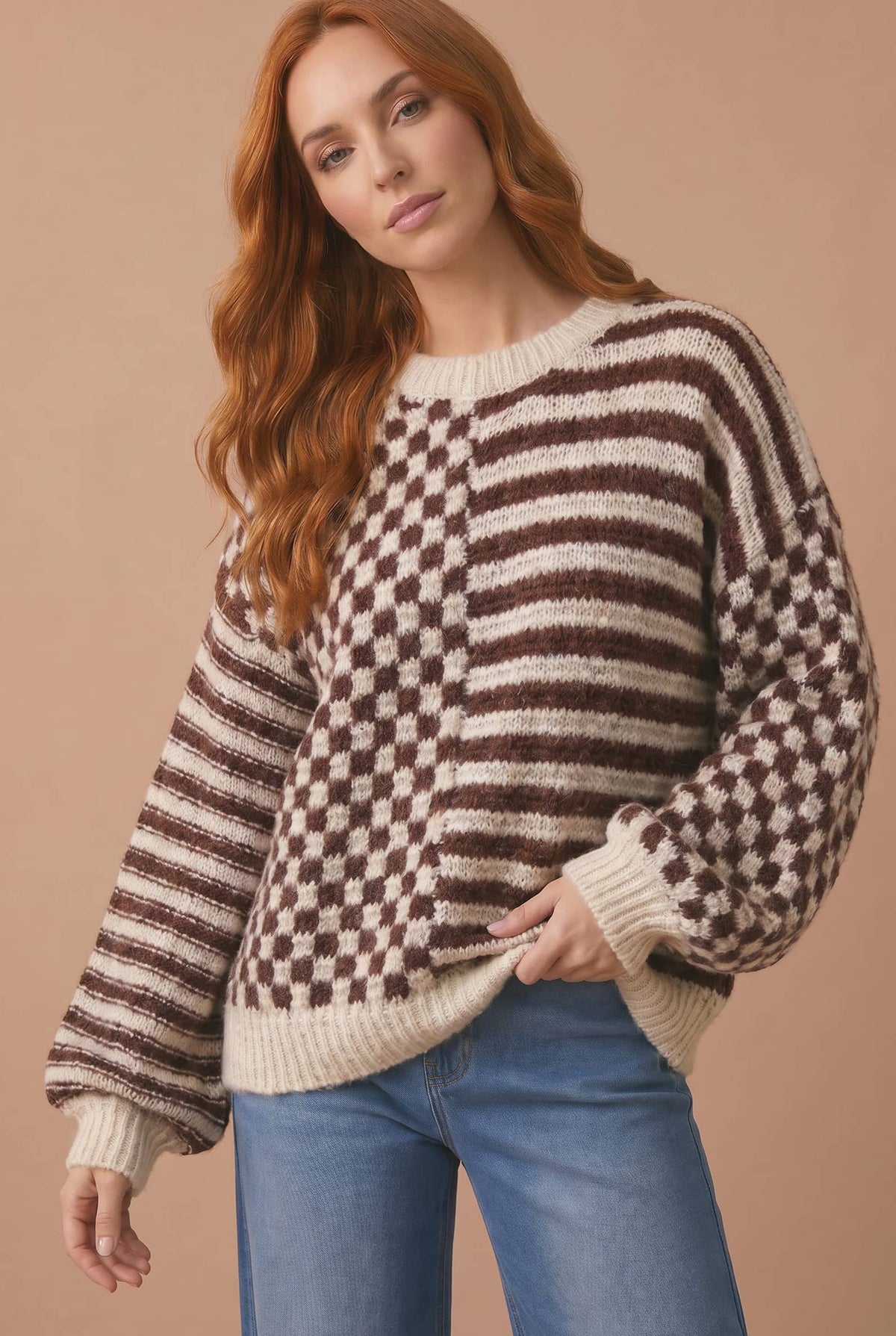Checker Stripe Color Block Jacquard Sweater: TAUPE/OATMEAL / M