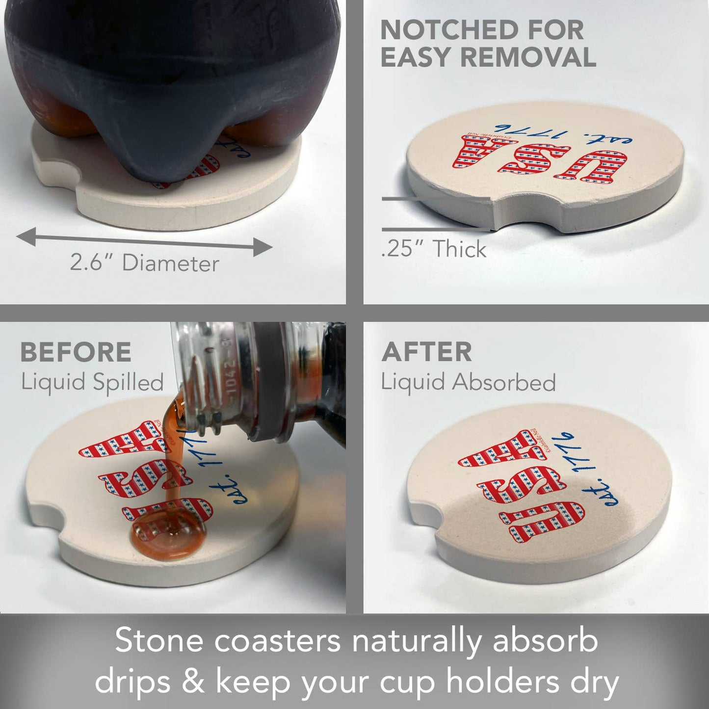 "USA Est 1776" Absorbent Stone Car Coaster 1pk