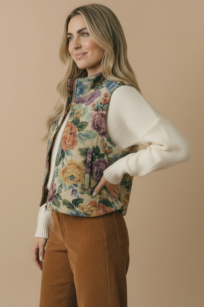 High Neck Floral Jacquard Zip Up Vest: TAUPE/RUST / L
