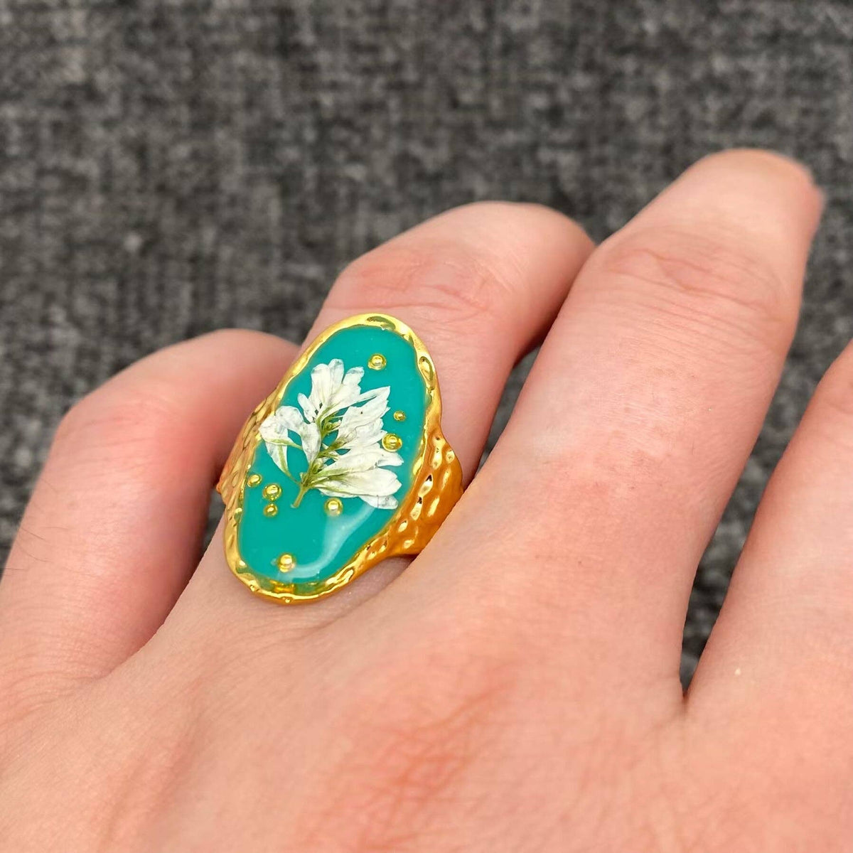 Dried Flower Green Resin 18K Golden S.Steel Ring - PDF/FGS: 7
