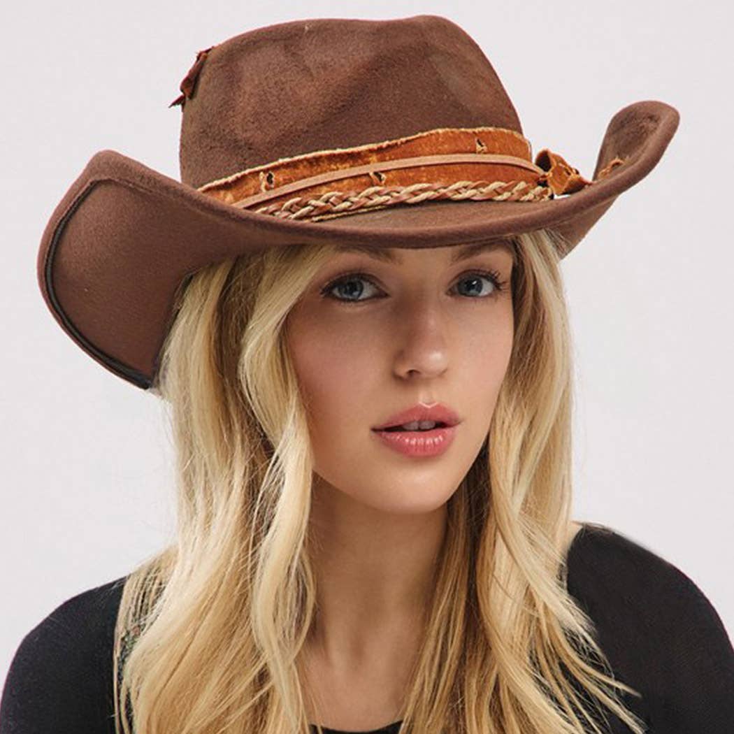 Vintage Versatile Shapeable Cowgirl & Fedora Hat With A Feat: Brown