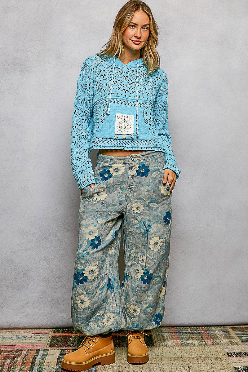 Chenille Crochet Lightweight Pullover Hoodie Sweater: NATURAL / M