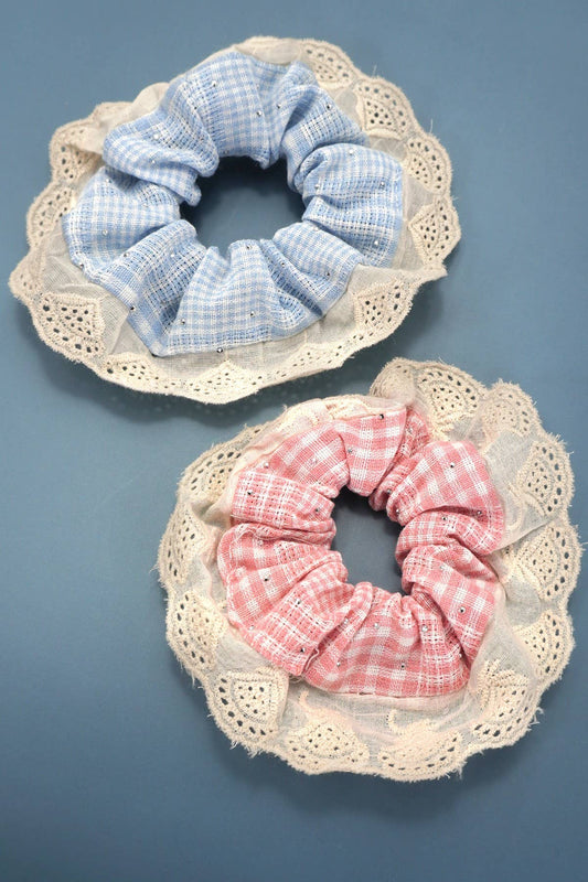 COTTAGECORE CHECKER LACE SCRUNCHIES | 40S735: Blue