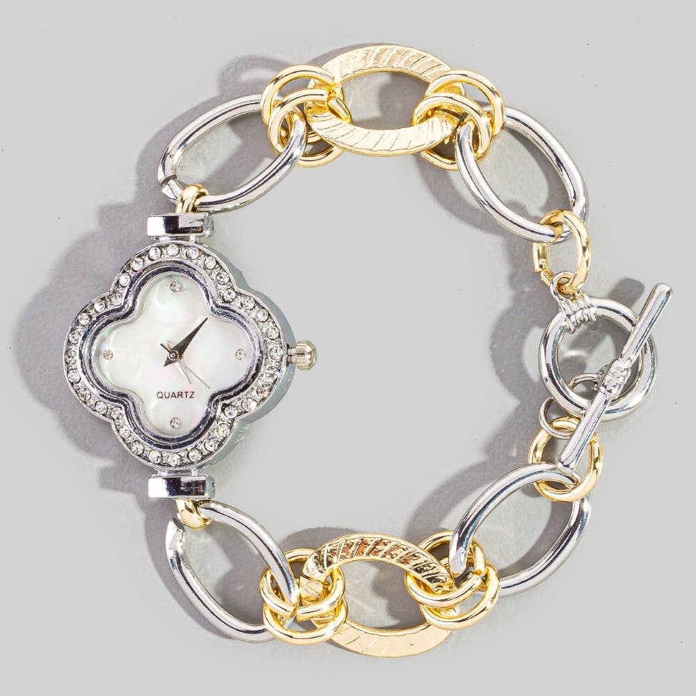 Cz Clover Two Tone Toggle Chain Bracelet: GOLDSILVER