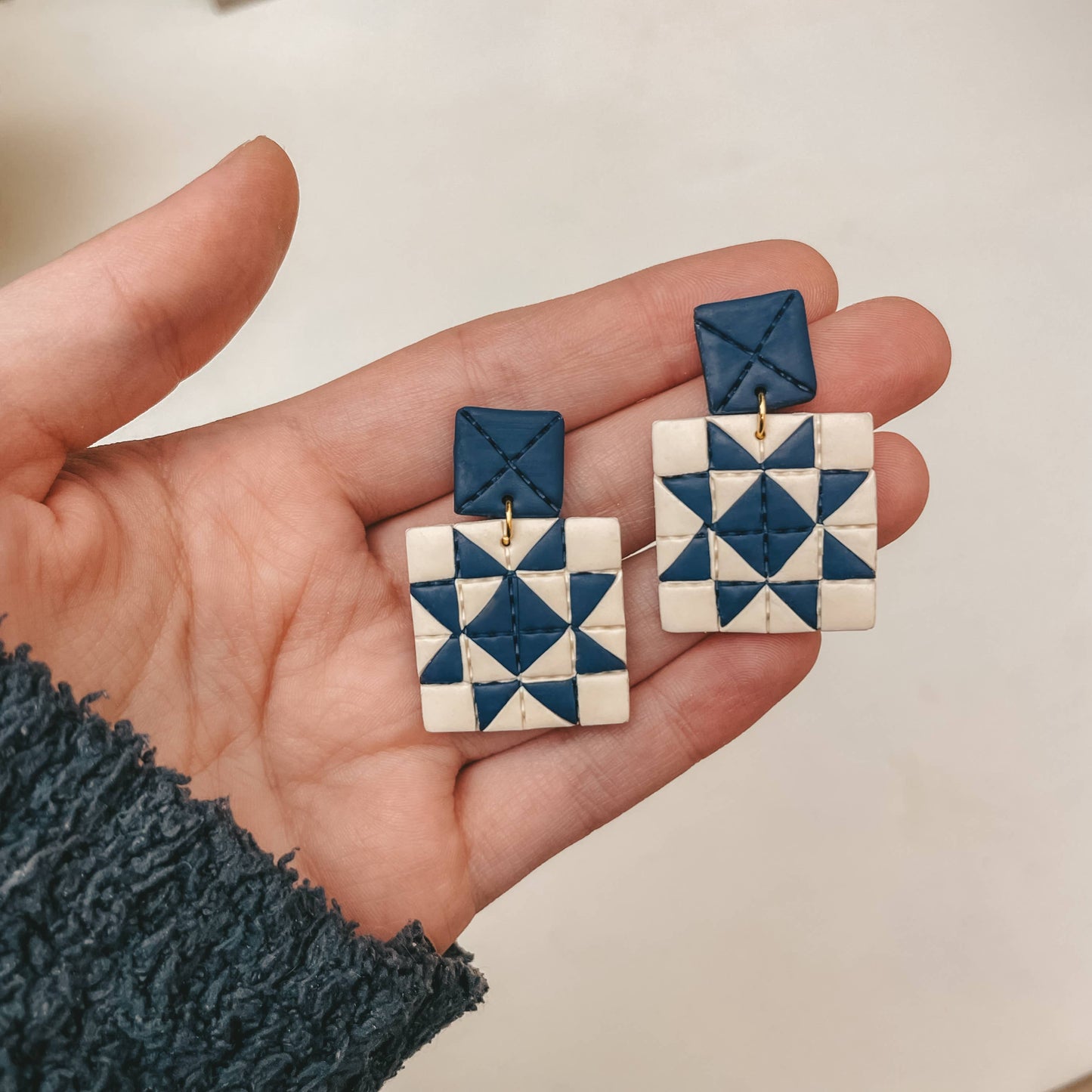 Quilted Style Stud Dangle Earrings | Navy Star