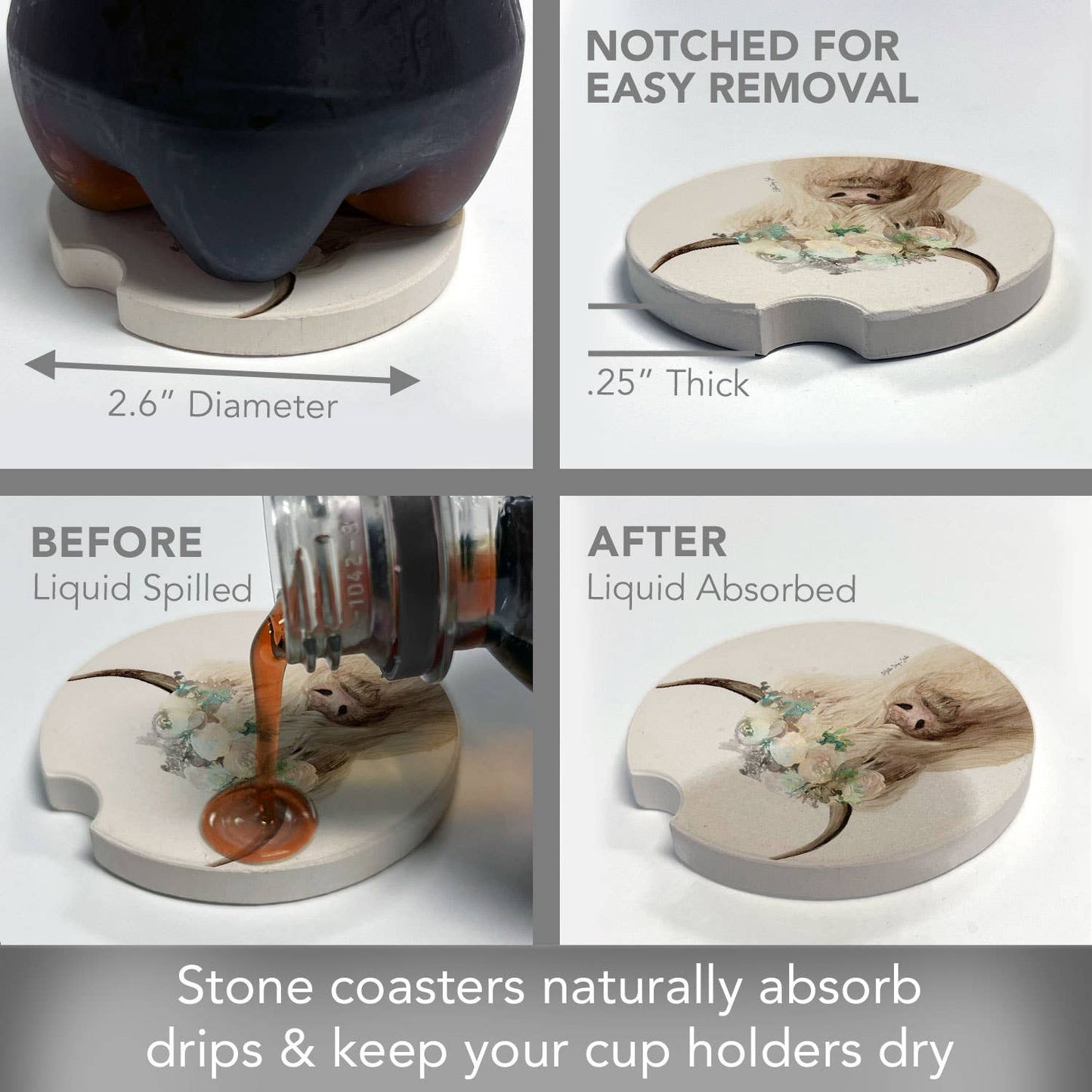 "Floral Highland Cow" Single Packaged Stone Car Coaster