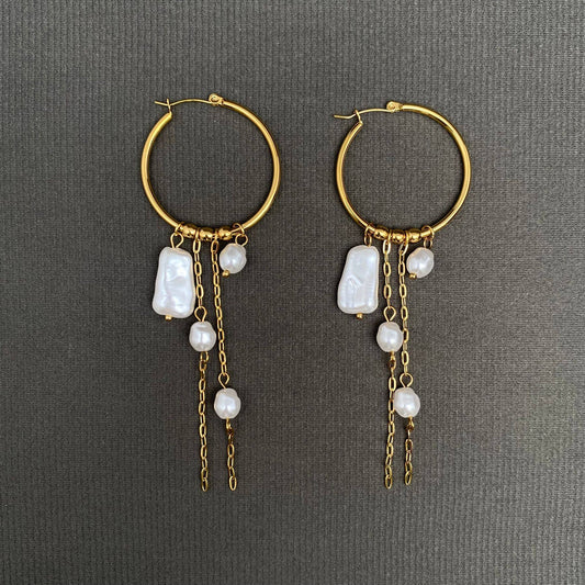 Pearl Fringe 18K Gold Plated S.Steel Hoop Earrings - FGS