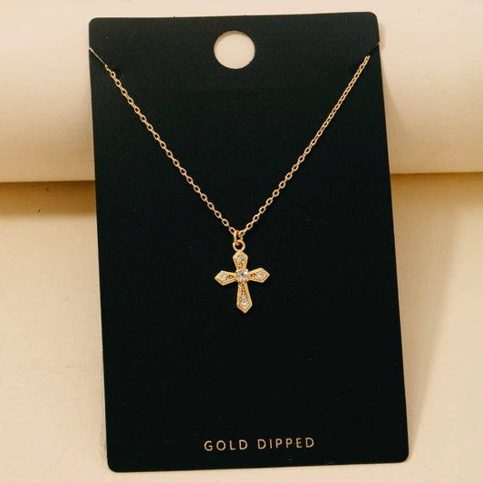 Gold Dipped Cz Pave Gothic Cross Pendant Necklace: GOLD