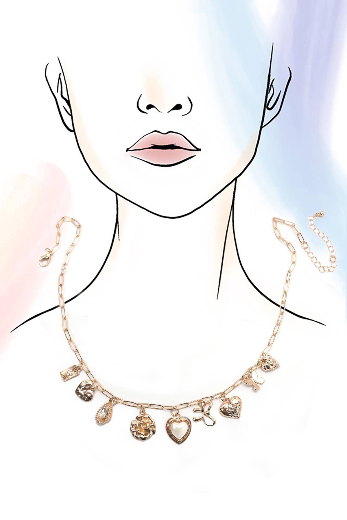 CHARM NECKLACE-BOW HEART RHINESTONE FLOWER | 80N91405: Gold