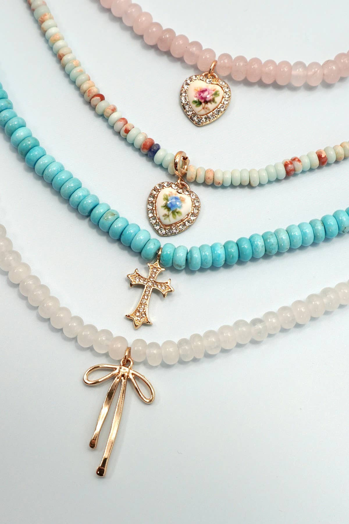 NATURAL SEMI PRECIOUS STONE BEADED CHARM NECKLACE | 80N91561: Rose Quartz