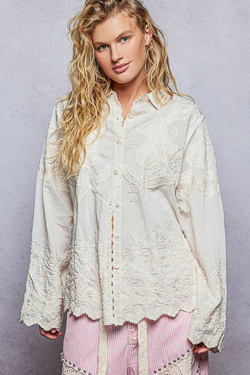 Long Sleeve Embroidered Scalloped Edge Shirt Top
