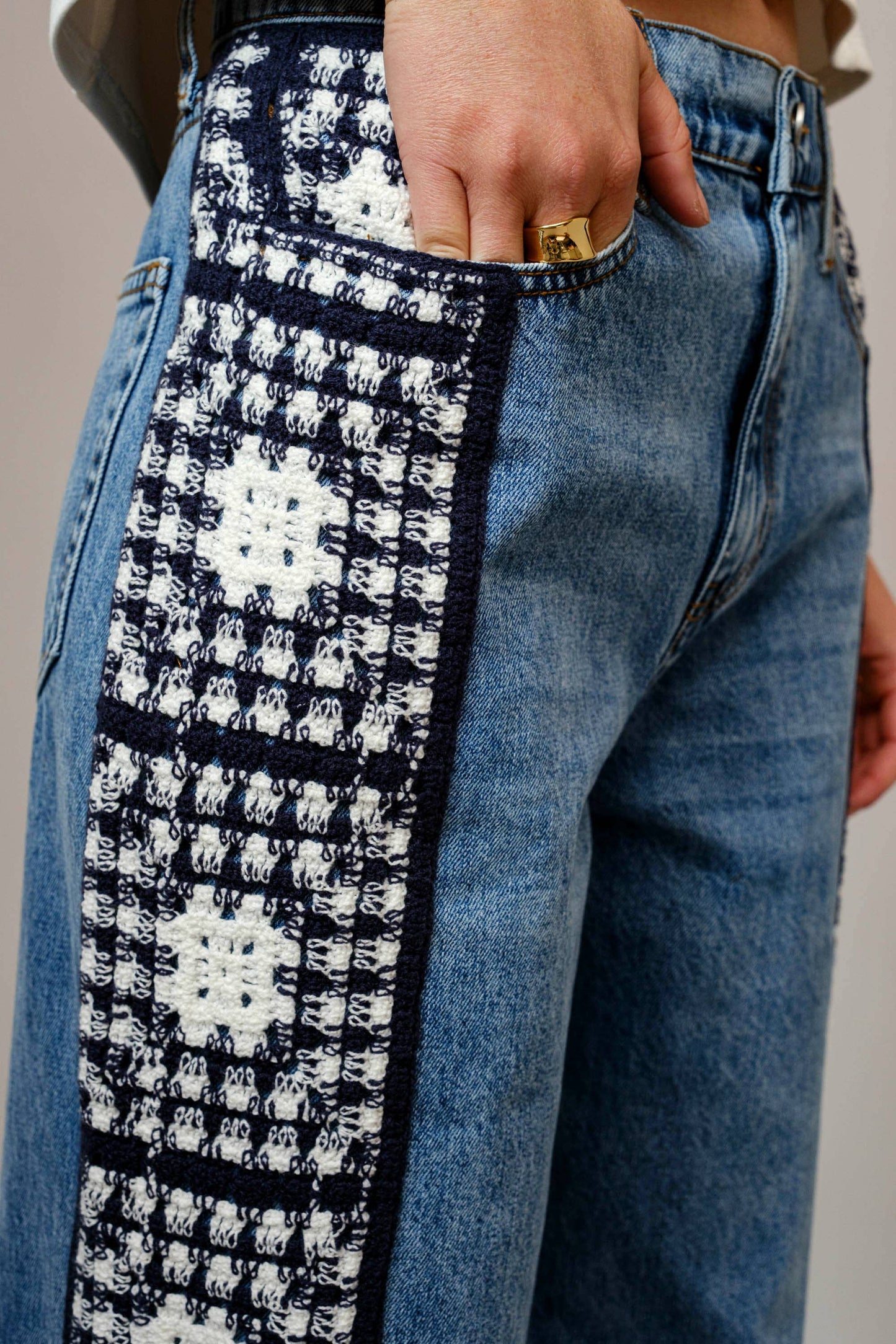 Washed Side Crochet Denim Pants