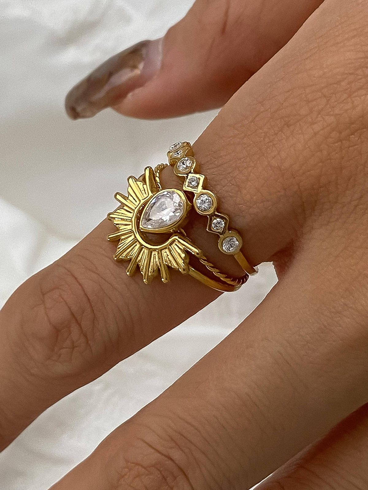 Françoise 18K Gold Non-Tarnish Sun Stone CZ Layered Ring: Yellow Gold