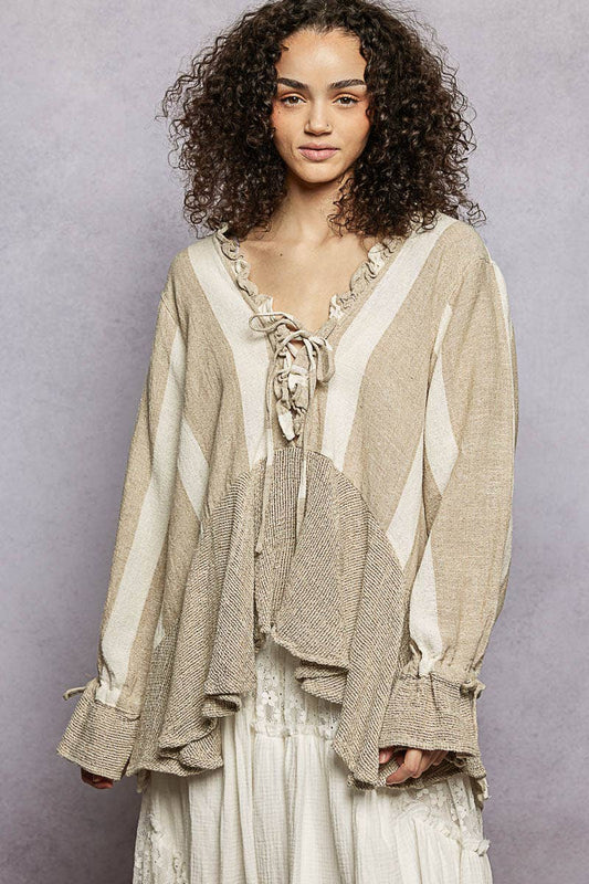 Ruffle Detail Linen Deep V-Neck Stripe Long Sleeve Top